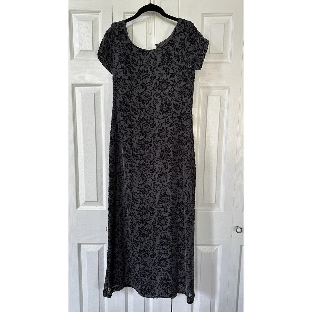 VTG Laura Ashley Dress Women 4 Gray Floral Velvet Burnout Maxi Y2K Silk